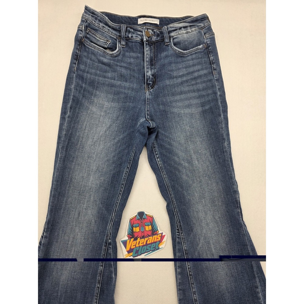 Flying Monkey Jeans Womens 29x32 High Rise Super Flare Blue Distressed Raw Hem - Picture 8 of 11